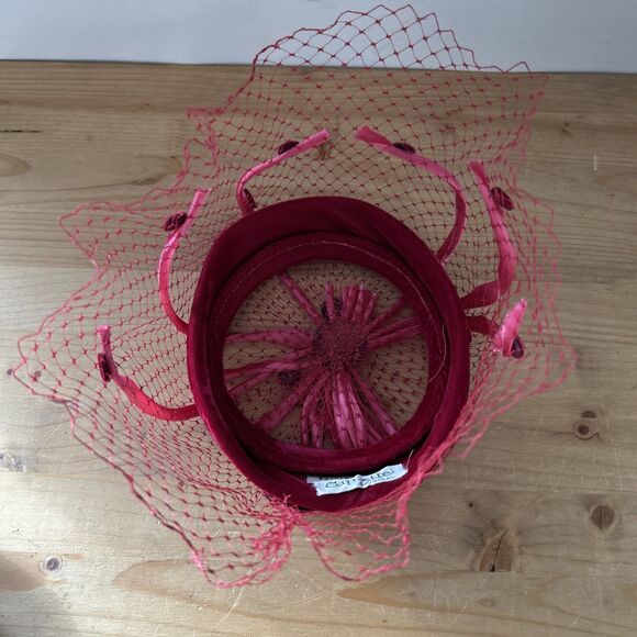 Cap-ette Fascinator Vtg 50s Berry/Mauve Velvet Halo w Netting Hat Union Made - Picture 9 of 10